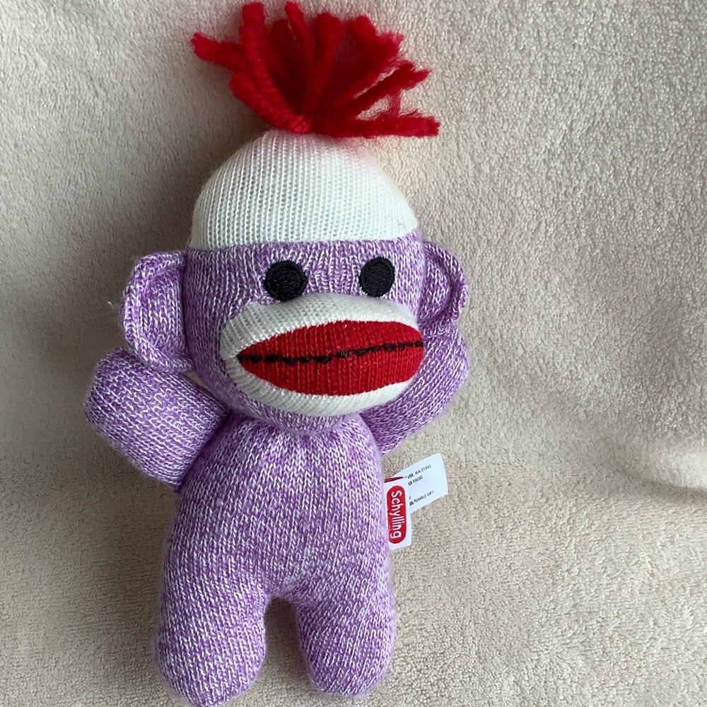 Schylling Purple White Knit Sock Monkey Plush with Red Stuffed Animal Toy